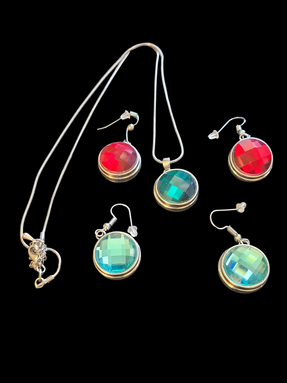 Silver Tone Pendant & Earring Set with Red and Aqua Faceted Stones